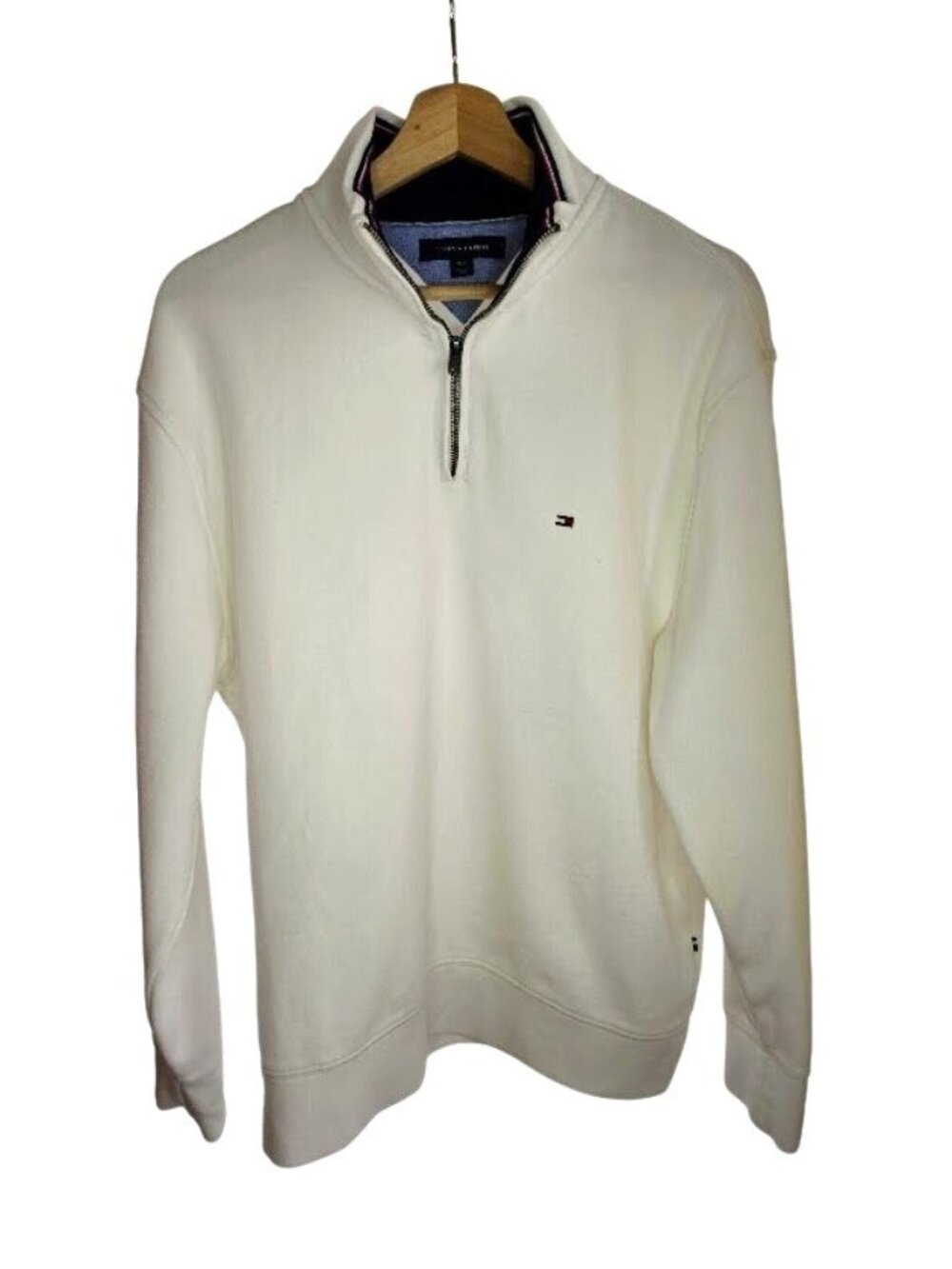 Tommy Hilfiger Quarter Zip Pullover Sweatshirt Bright White Cotton Blend Small